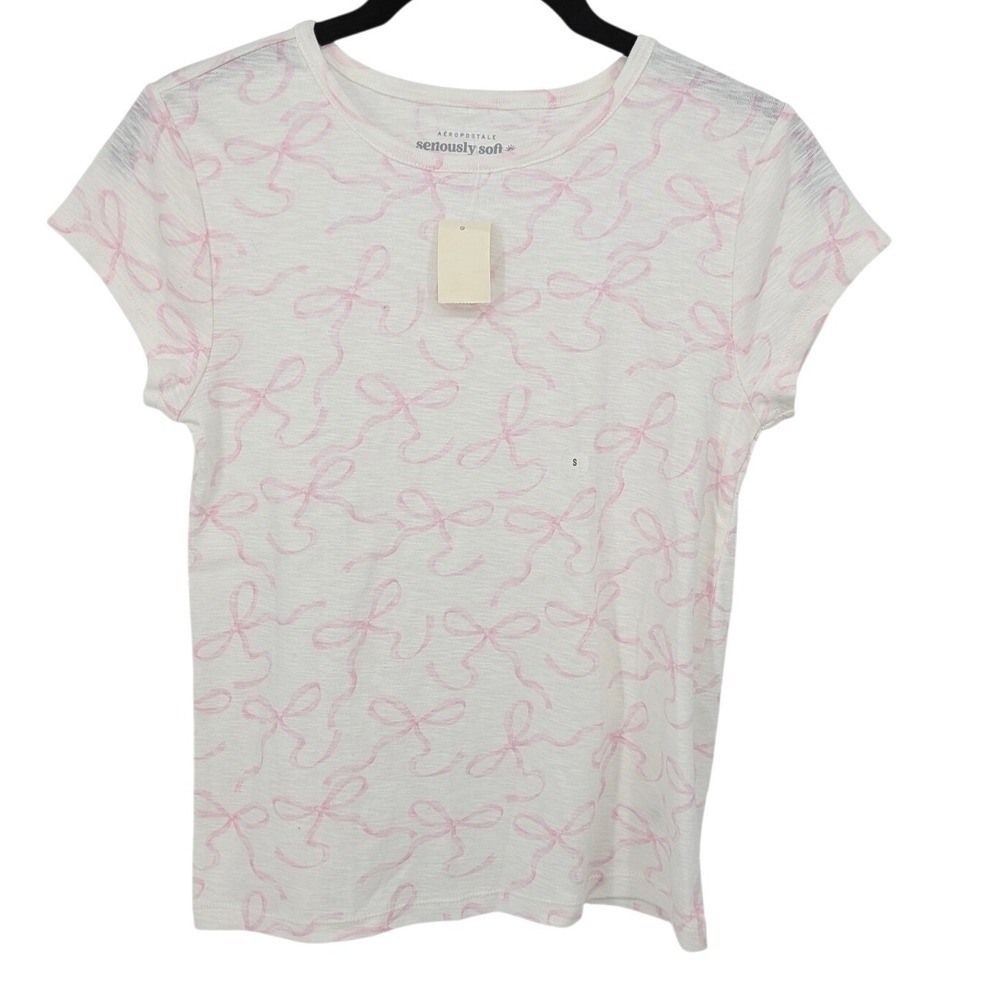 Aeropostale T-Shirt Women Small White Pink Bow Seriously Soft Cotton Balletcore